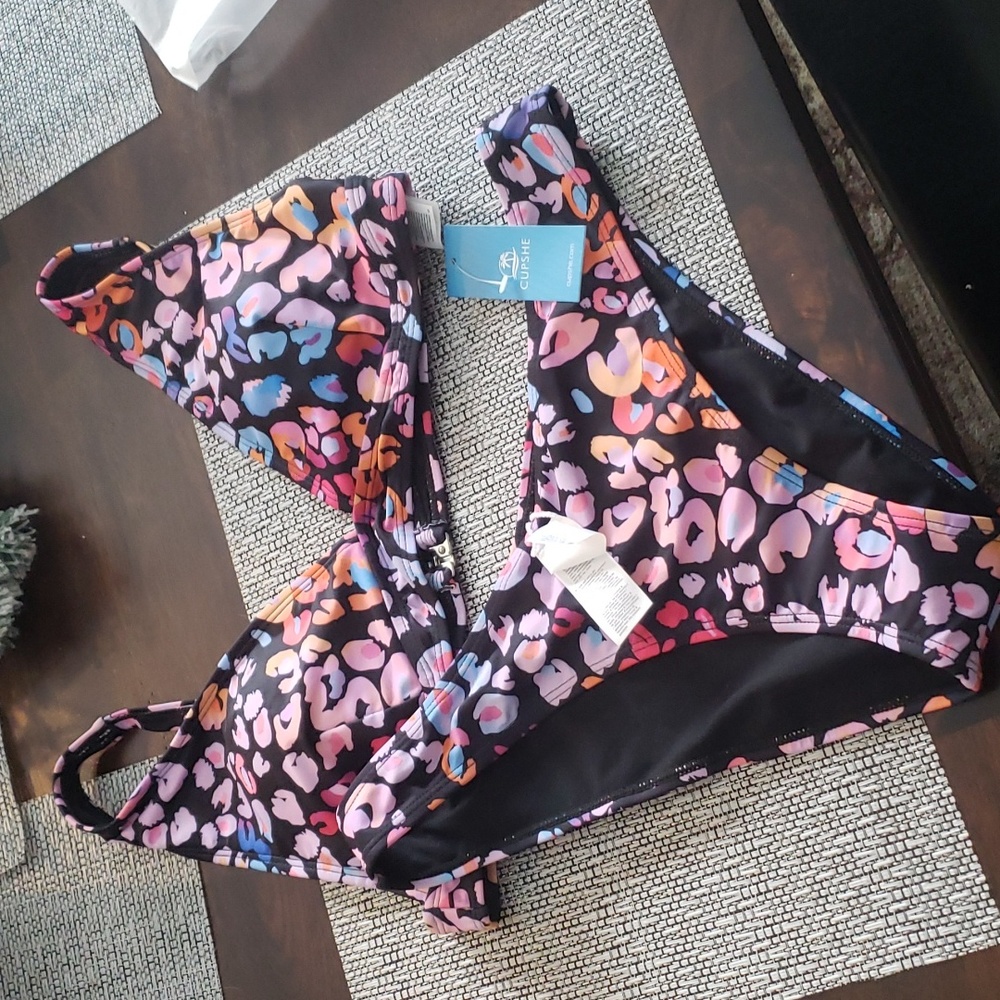 Cupshe Leopard Print Bralette & Standard Rise Hipster Bikini Set Large NWT